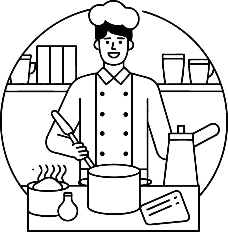 chef cooking in the kitchen black and white illustration vector