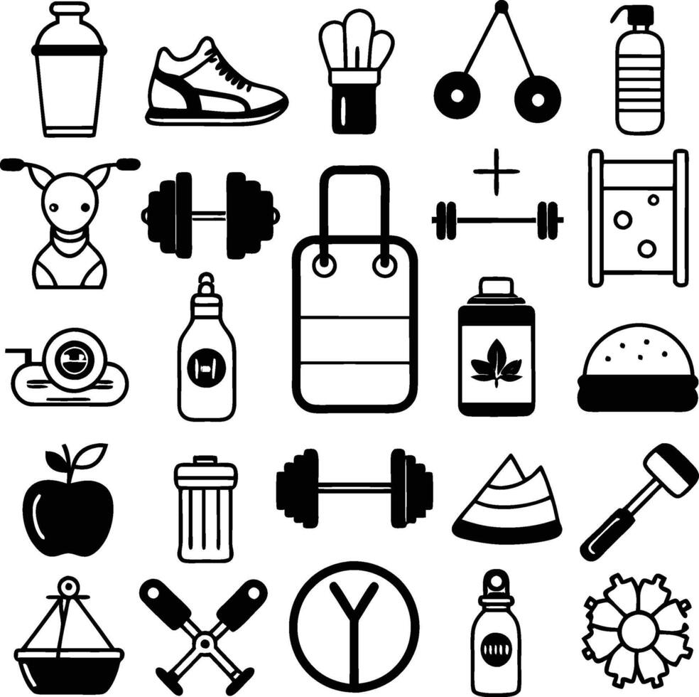 a set of black and white icons for fitness and exercise vector