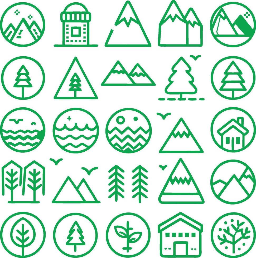 a set of green icons depicting mountains, trees, and other things vector