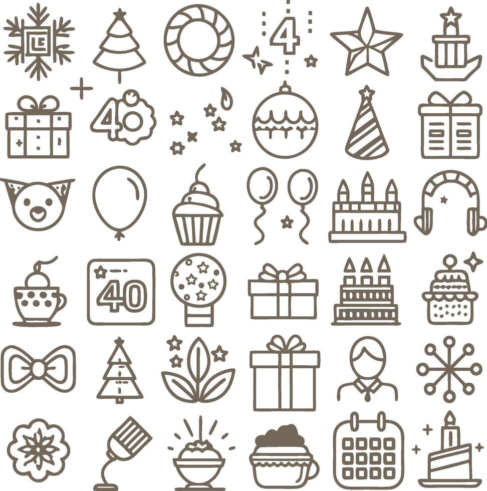 a set of holiday icons, including a birthday cake, presents, and a tree vector