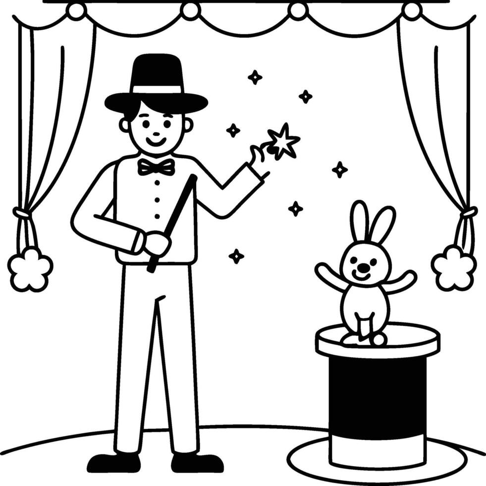 magician with rabbit and magic wand illustration vector