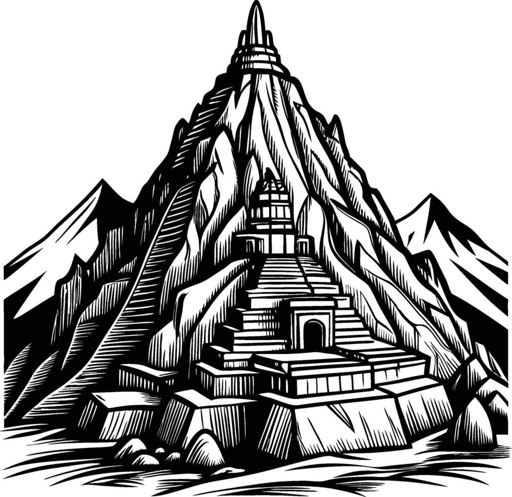 an illustration of a mountain temple with a mountain in the background vector