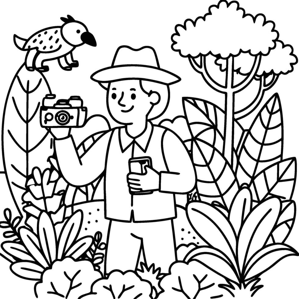 coloring page of a man in the jungle vector