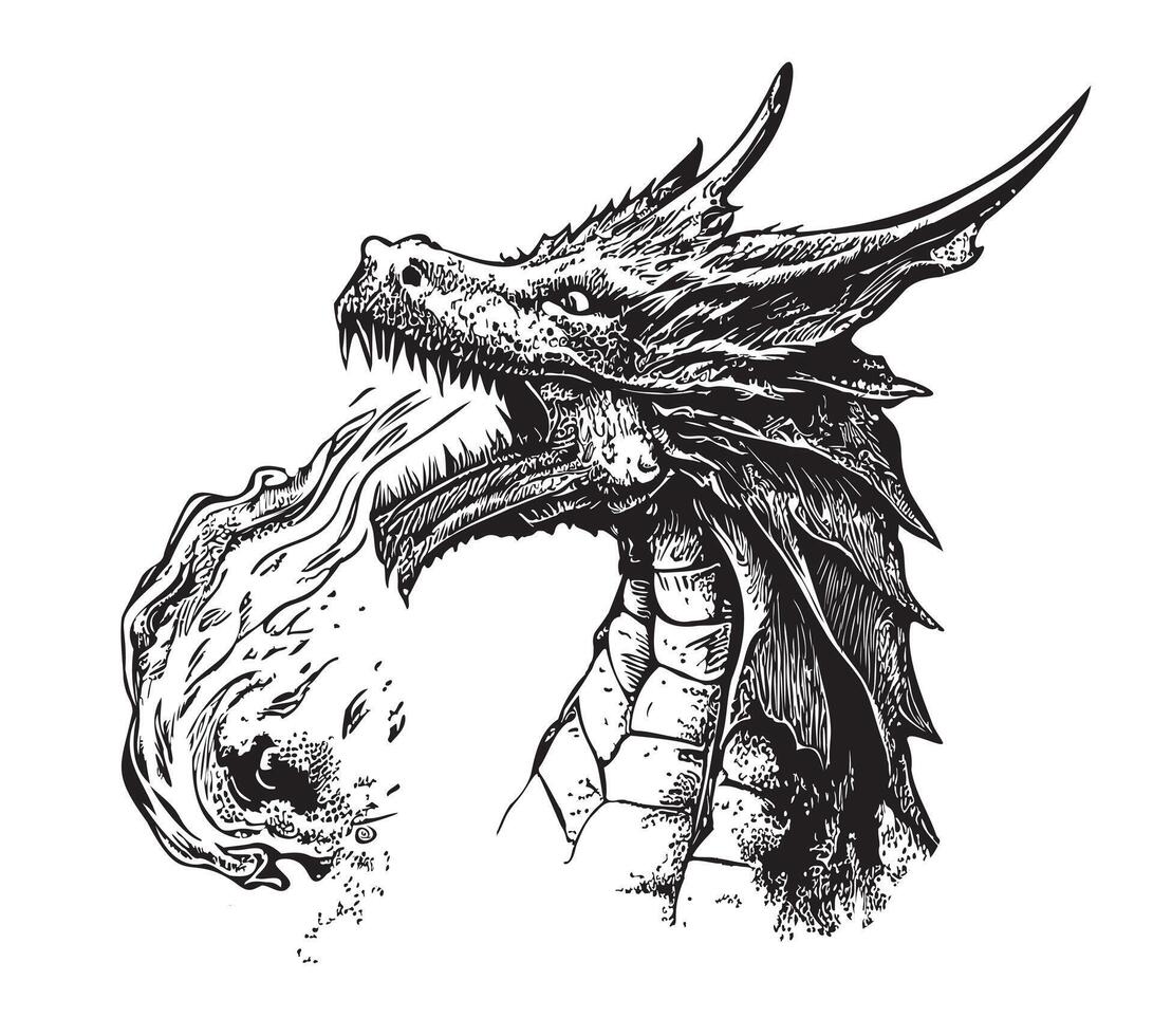 Dragon mystical breathing fire sketch drawn in doodle style illustration vector