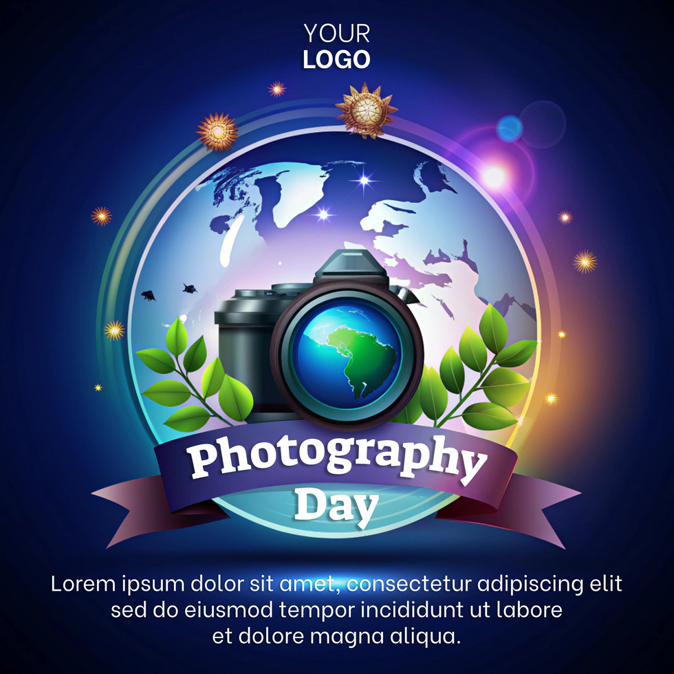 Celebrating photography day with a globe, camera, and vibrant design elements psd