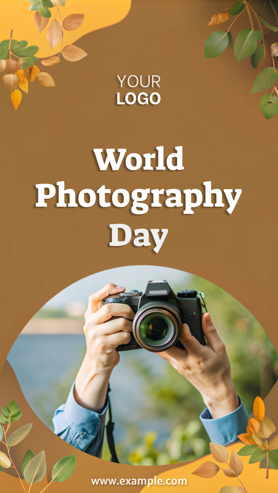 Celebrating World Photography Day with a camera in hand against a natural backdrop psd