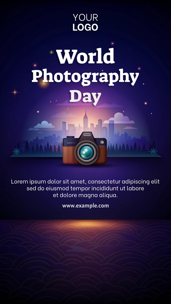 World Photography Day celebration with a camera silhouette against a city skyline at night psd