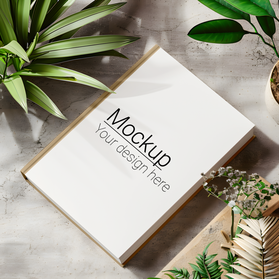 Book mockup on a table with plants psd