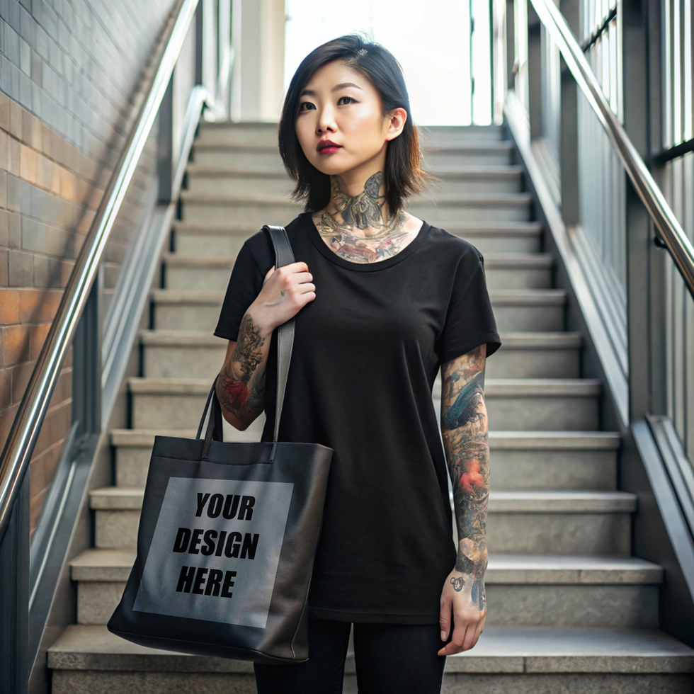 asian woman hold tote bag mockup psd