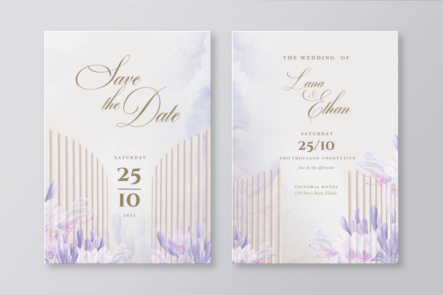 Floral Wedding Invitation Template with Purple Flower psd