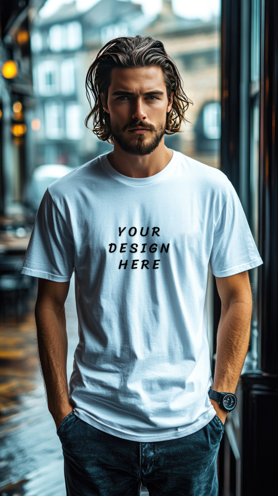 Man wearing a white t-shirt mockup psd