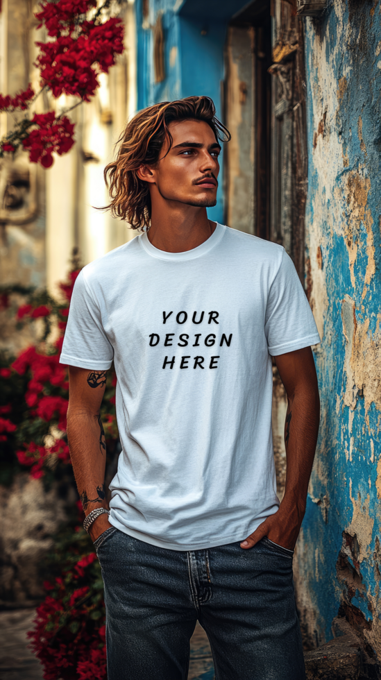 Man wearing a white t-shirt mockup psd