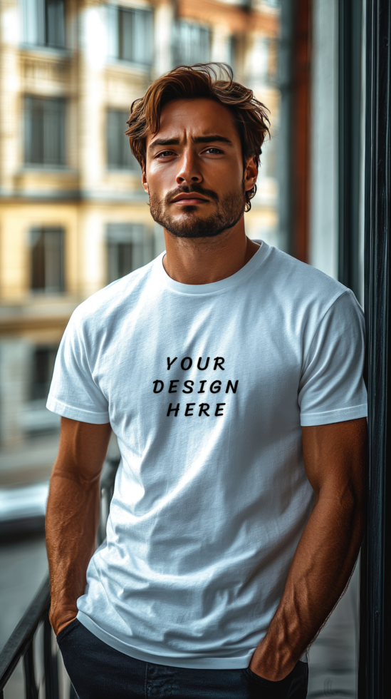 Man wearing a white t-shirt mockup psd