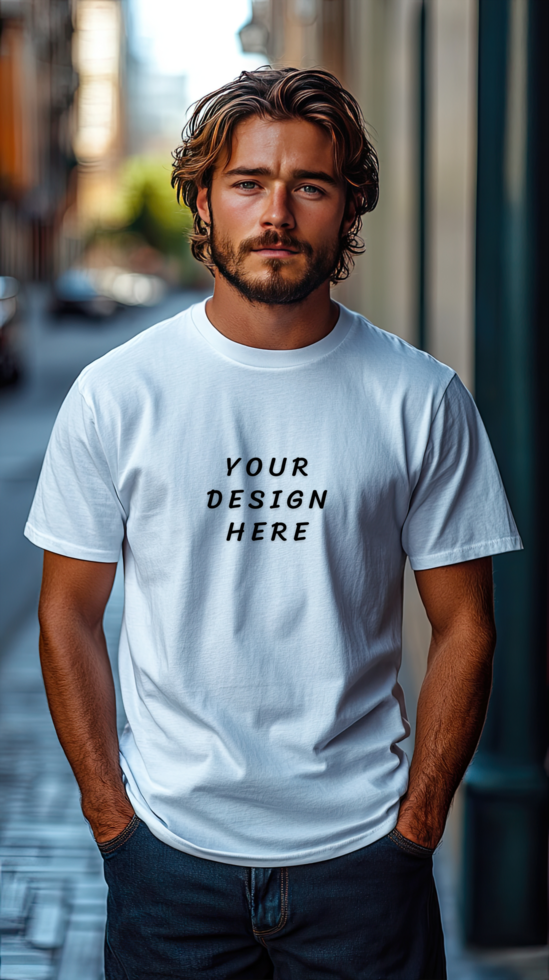 Man wearing a white t - shirt mockup psd