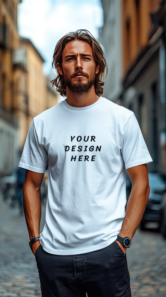 Man wearing a white t-shirt mockup psd