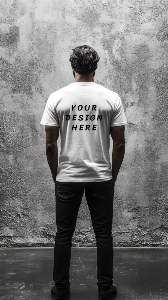 Man standing in front of a wall wearing a white t - shirt mockup psd