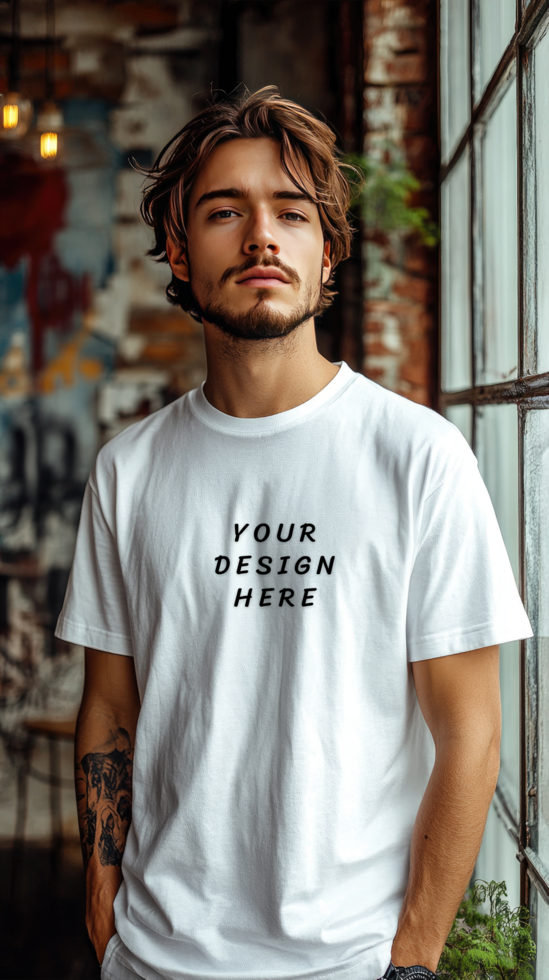 Man wearing a white t-shirt mockup psd