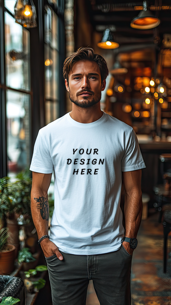 Man wearing a white t-shirt mockup psd