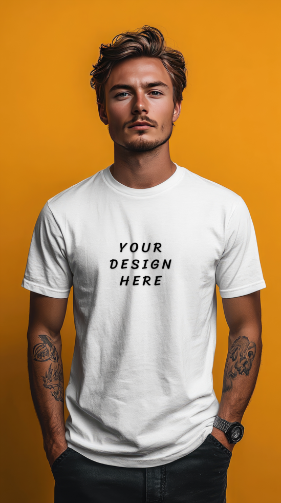 Man wearing a white t-shirt mockup psd
