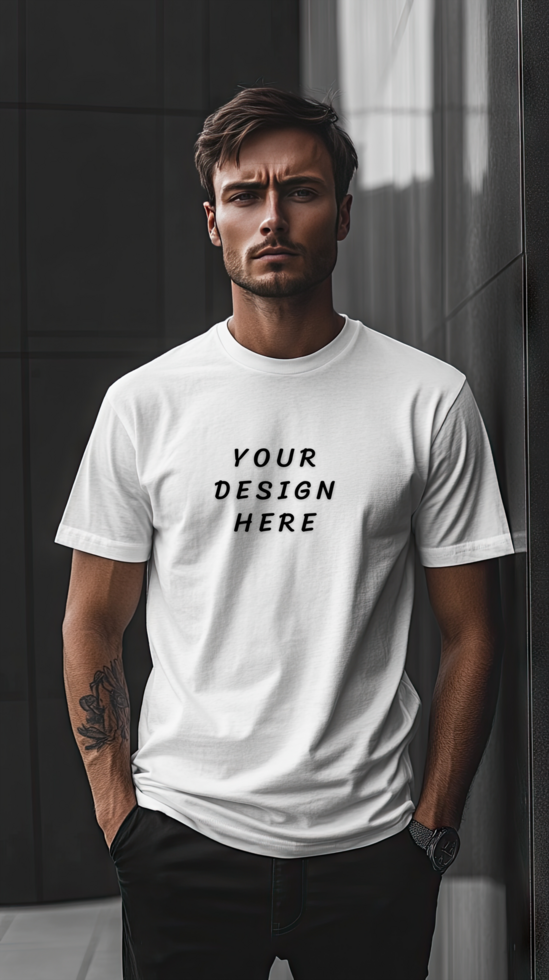Man wearing a white t-shirt mockup psd