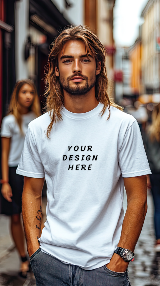 Man with long hair wearing a white t - shirt mockup psd