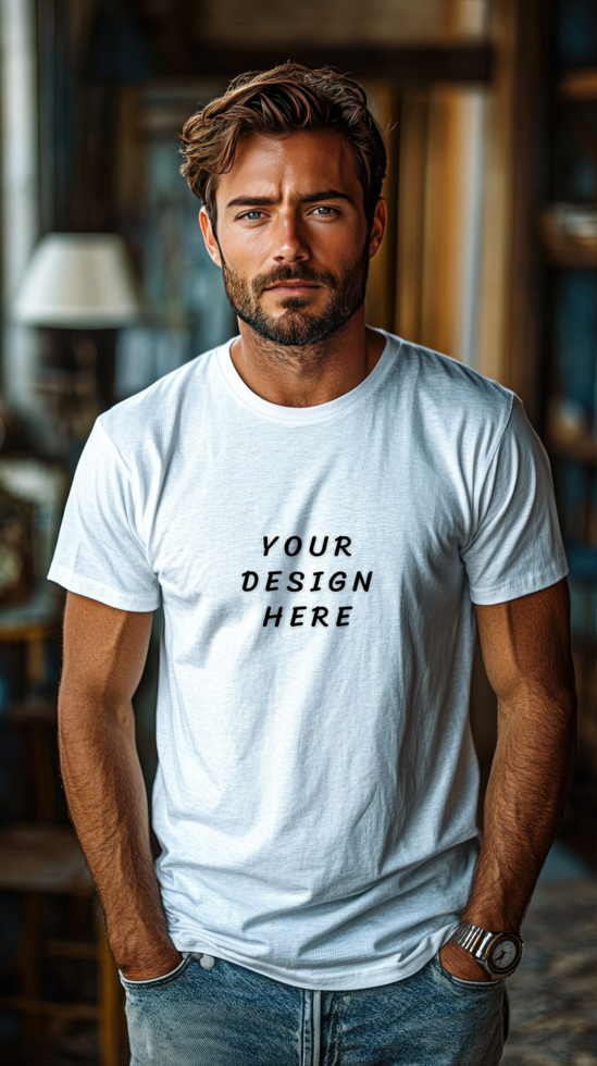 Man wearing a white t - shirt mockup psd