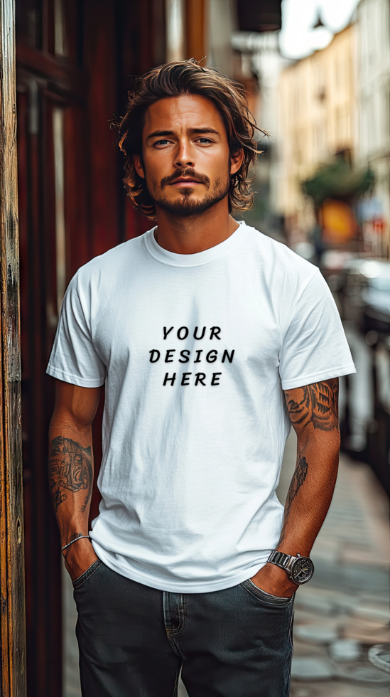 Man wearing a white t - shirt mockup psd