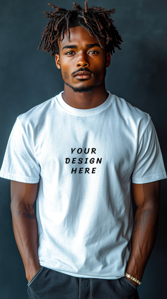 A man wearing a white t - shirt with the word your design here psd