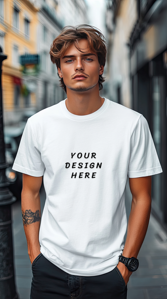 Man wearing a white t - shirt mockup psd