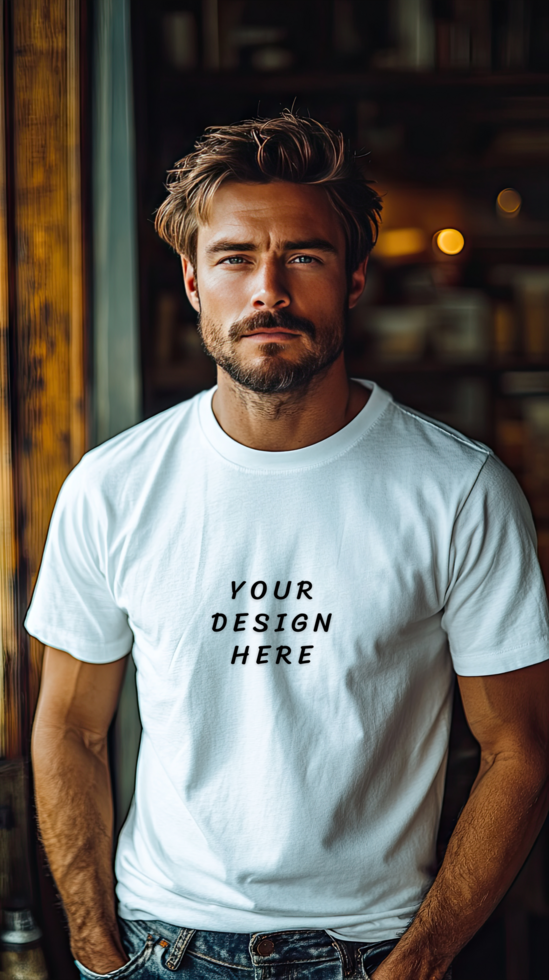 Man wearing a white t-shirt mockup psd