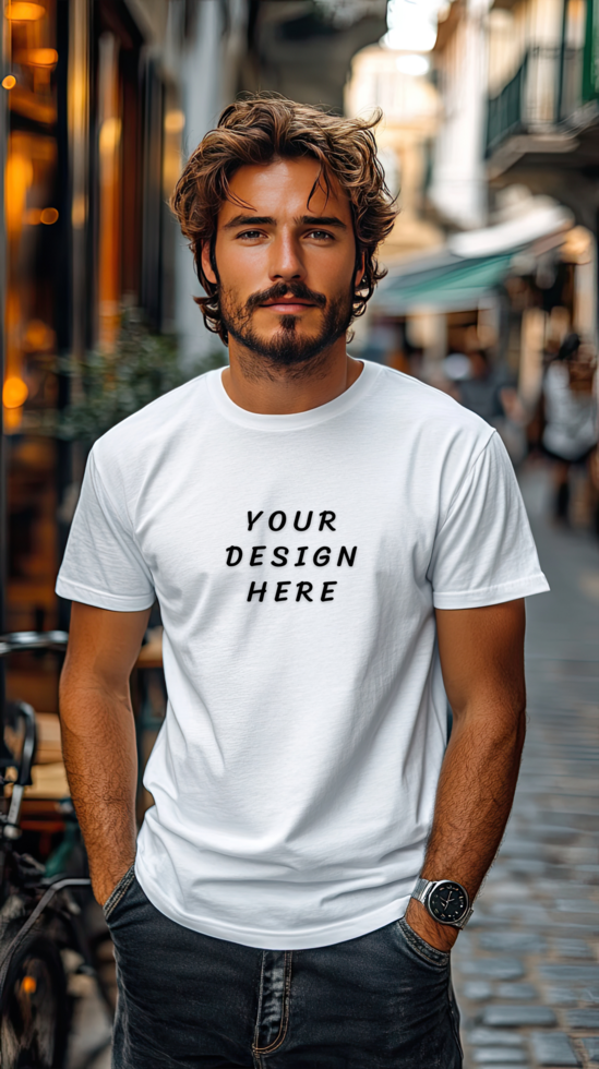 Man wearing a white t - shirt mockup psd