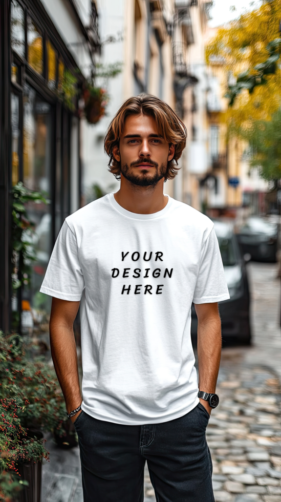 Man wearing a white t-shirt mockup psd