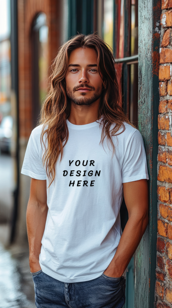 Man with long hair wearing a white t-shirt mockup psd