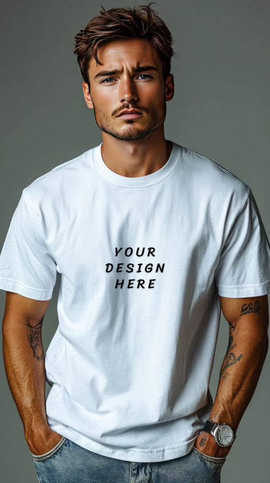 Man wearing a white t - shirt mockup psd