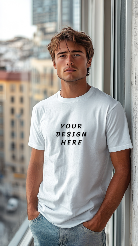 Man wearing a white t-shirt mockup psd