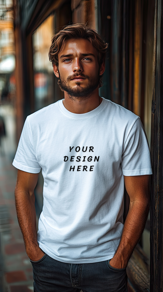 Man wearing a white t - shirt mockup psd