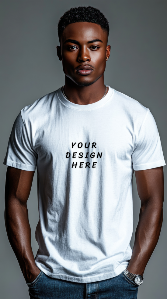 A man wearing a white t - shirt with the text, your design here psd