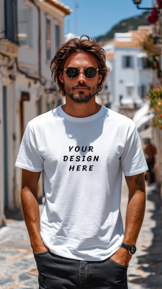 Man wearing a white t - shirt mockup psd