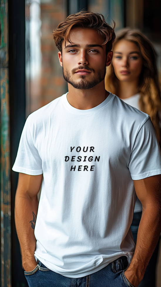 Man and woman wearing t-shirt mockup psd