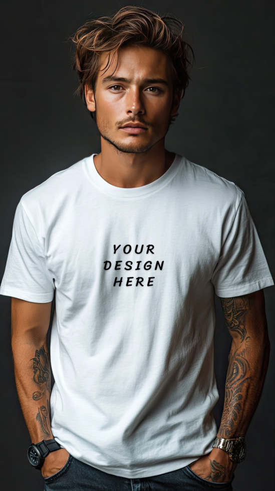 Man wearing a white t - shirt mockup psd
