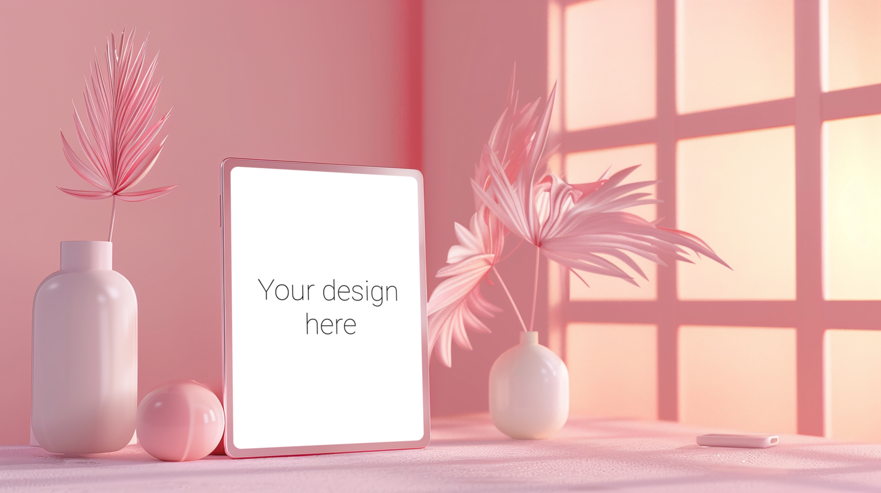 Tablet mockup on a pink table with flowers and vases psd