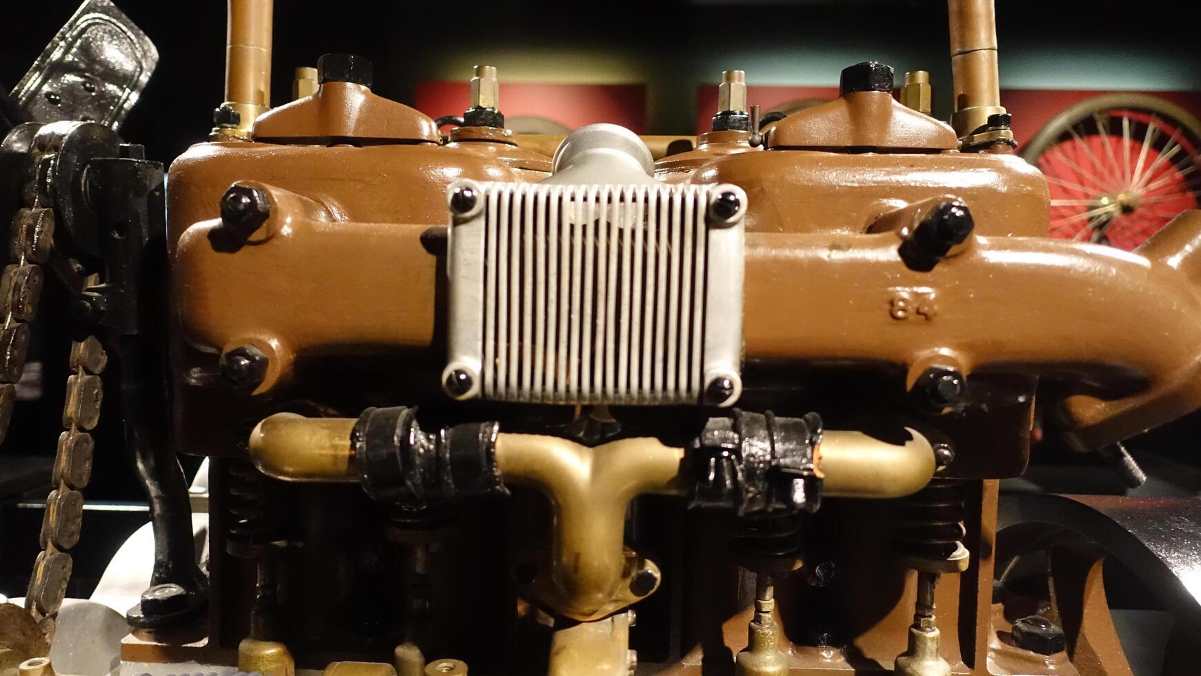 Turin, Italy - June 20, 2021. Ancient restored mechanical parts used for cars, at the automobile museum. photo
