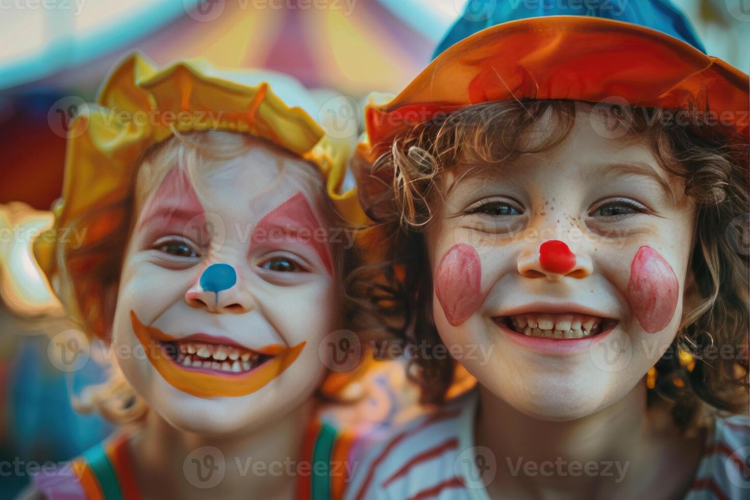 Two cute, positive children in clown costumes photo