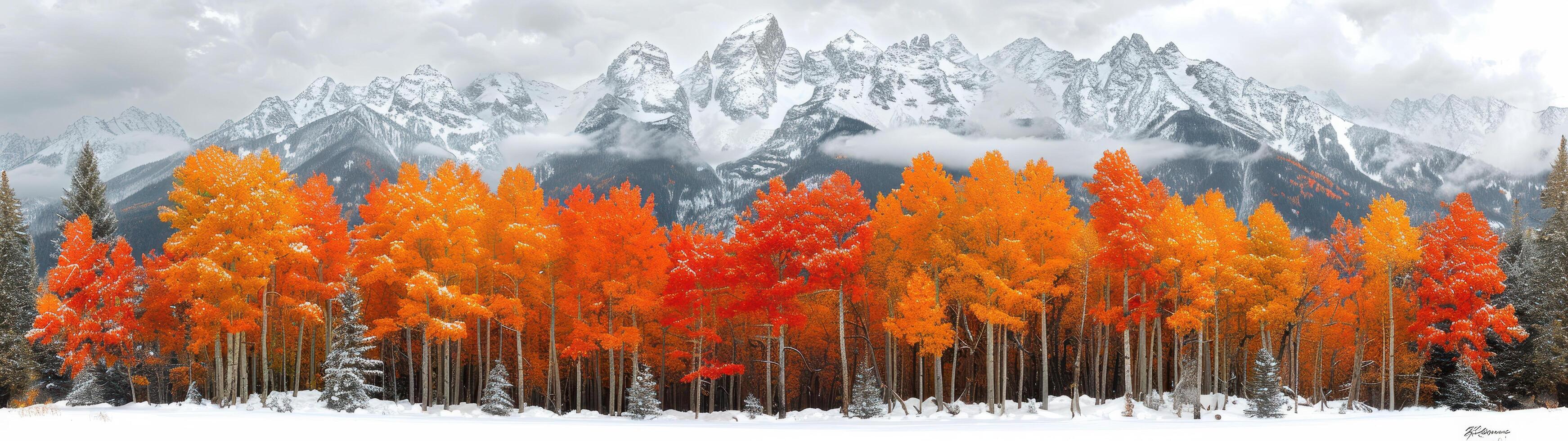 Vibrant orange and red autumn trees vividly contrast with the snow-covered mountains in the distance photo