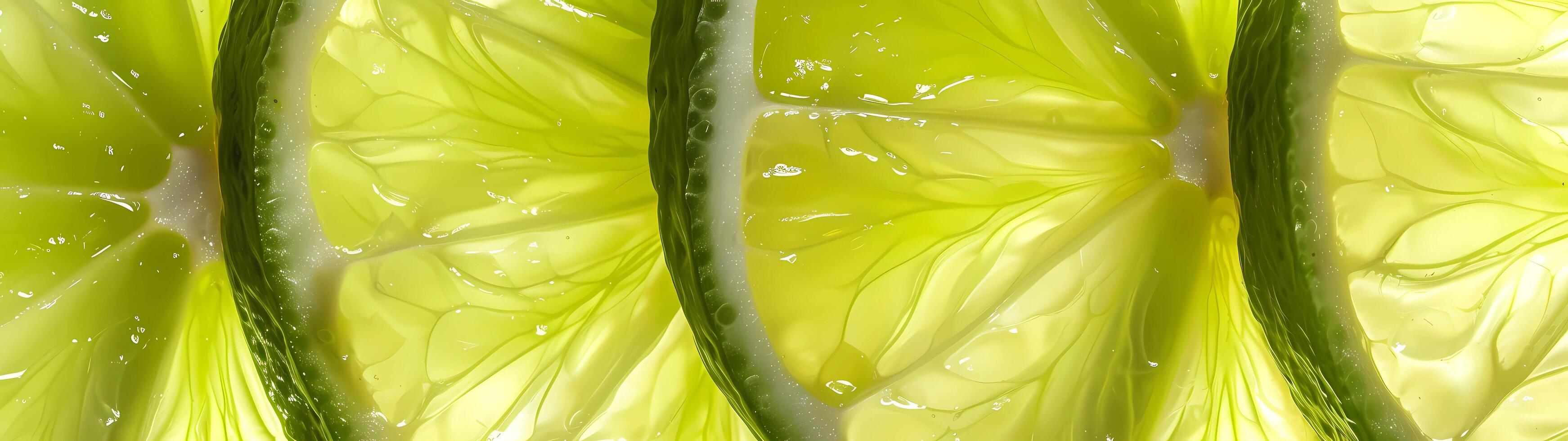 A hyper-realistic macro photo captures every intricate detail of lime slices