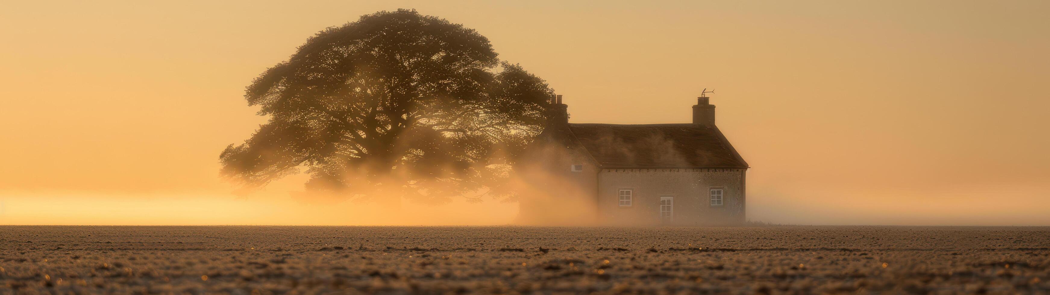 un pintoresco casa se sienta en medio de trigo campos con arremolinándose polvo a amanecer, mientras un grande árbol torres detrás eso foto