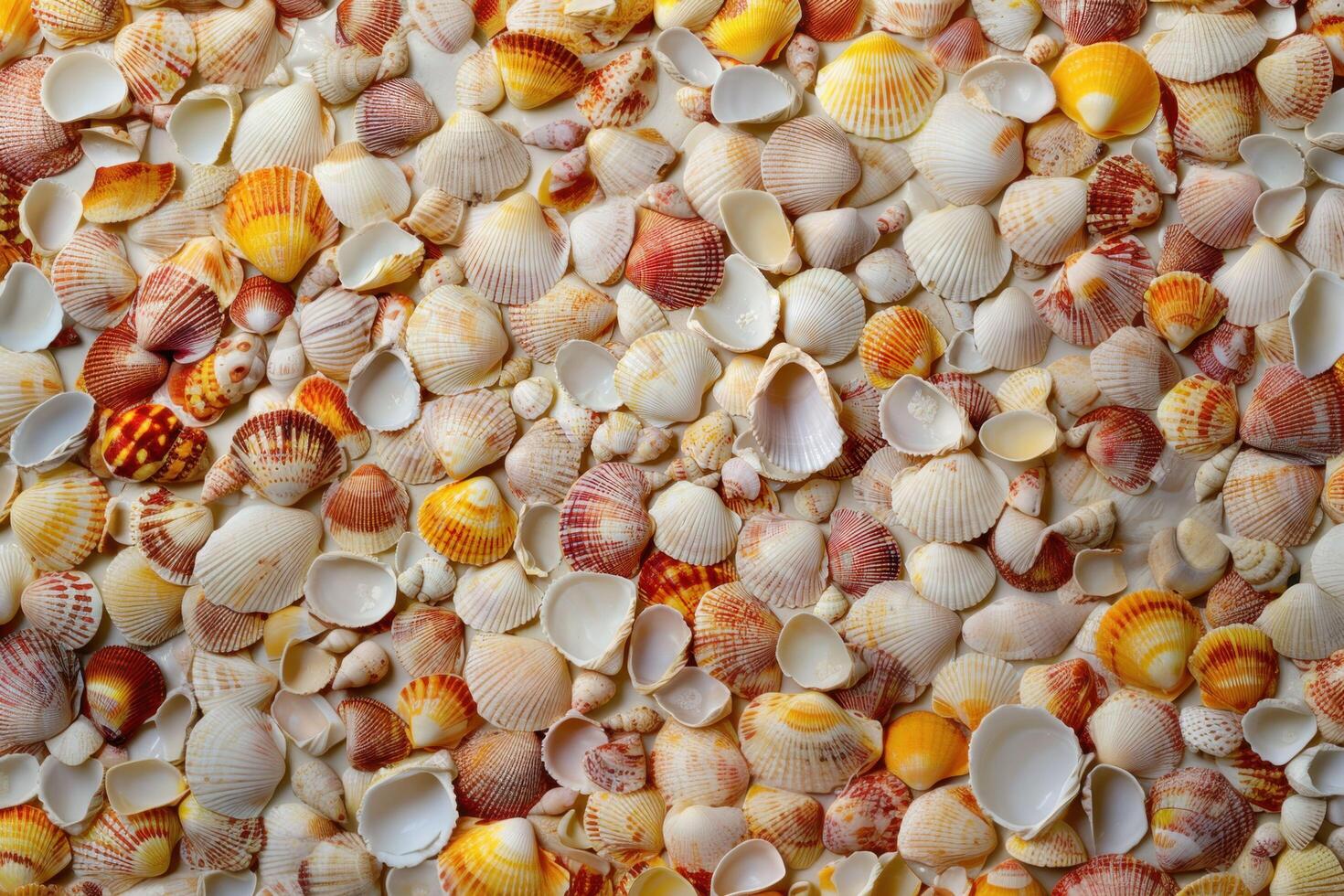 A seashells texture background features an arrangement of various shells with natural patterns and coastal hues photo