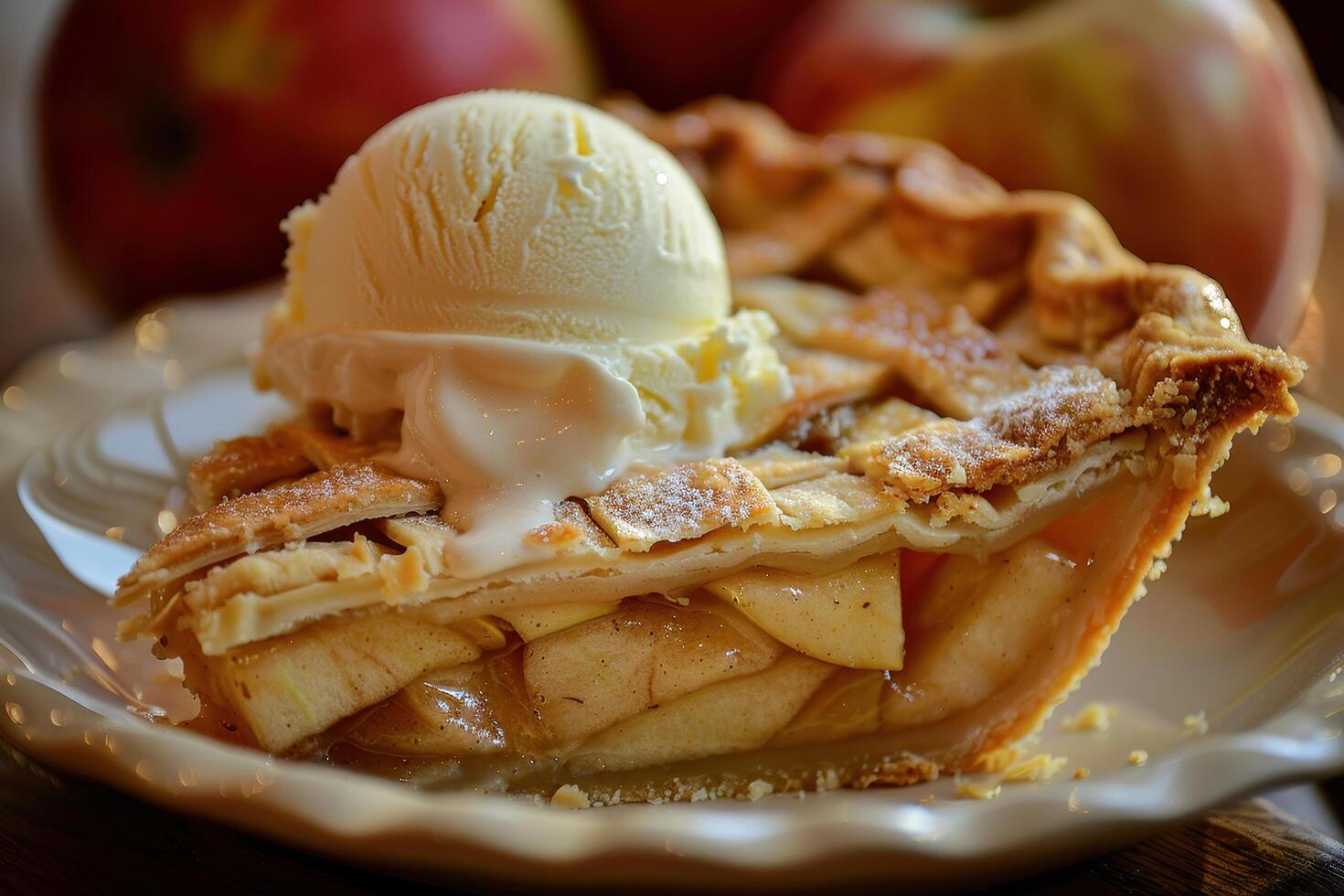 A slice of apple pie topped with a generous scoop of vanilla ice cream photo