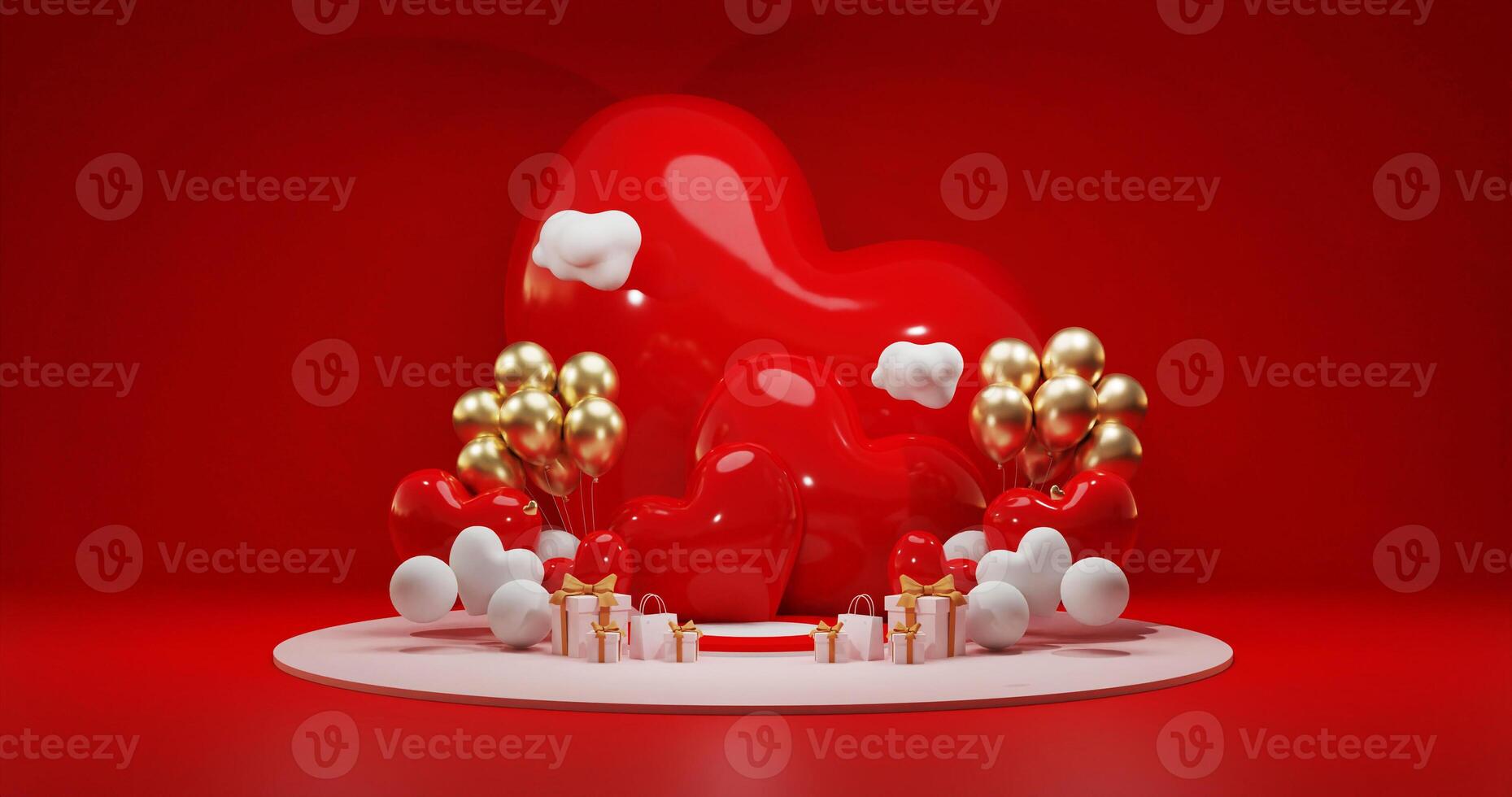 Happy Valentines Day with Round Podium, Heart Symbol, and Decorative Gift Boxes on Red Background for Greeting Cards, Invitations, and Holiday Decorations 3D Illustration photo