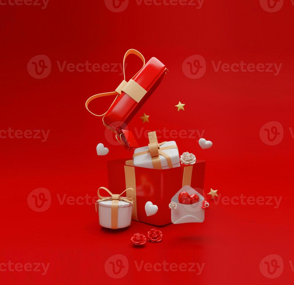 Happy Valentines Day with Open Gift Box on Red Background for Greeting Cards and Invitations 3D Illustration photo